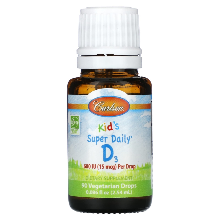 Carlson, Kid's Super Daily D3, 15 мкг (600 МЕ), 90 вегетарианских капель, 2,54 мл (0,086 жидк. Унции)