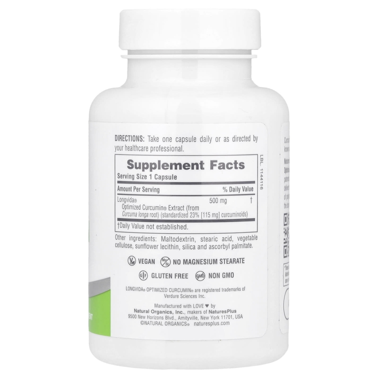 NaturesPlus, Pro Longvida®, куркумин, 500 мг, 60 капсул