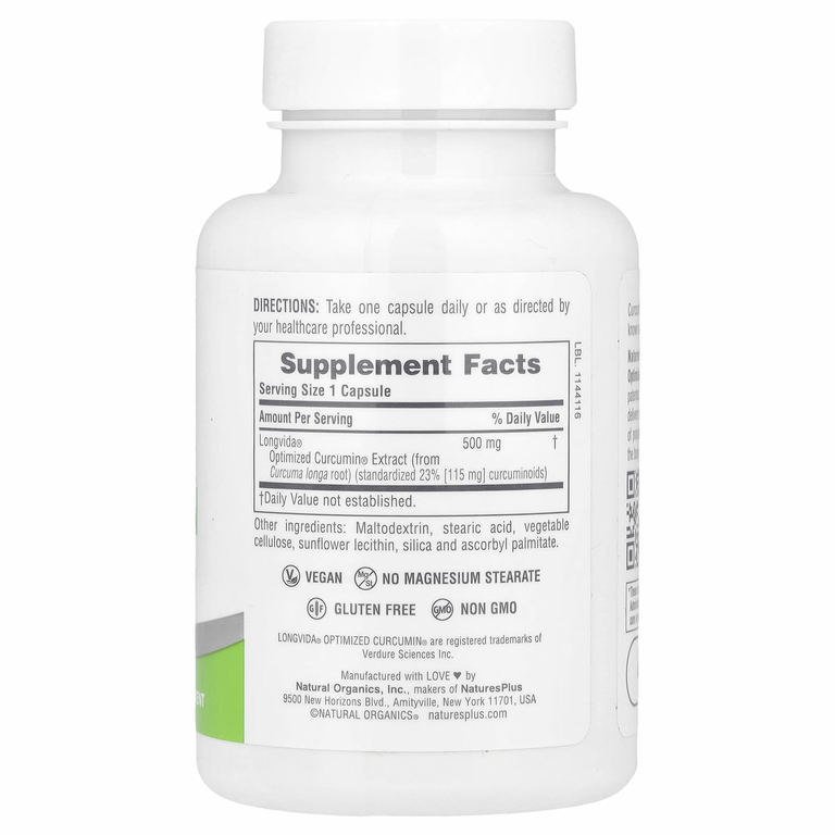 NaturesPlus, Pro Longvida®, куркумин, 500 мг, 60 капсул