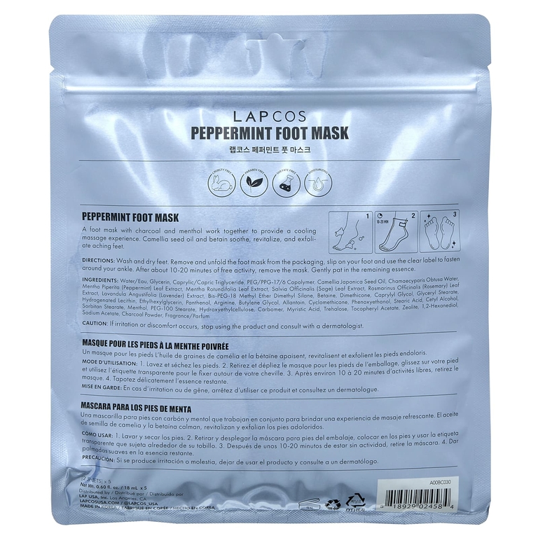 Lapcos, Foot Mask, Peppermint, 5 Pairs, 0.6 fl oz (18 ml) Each