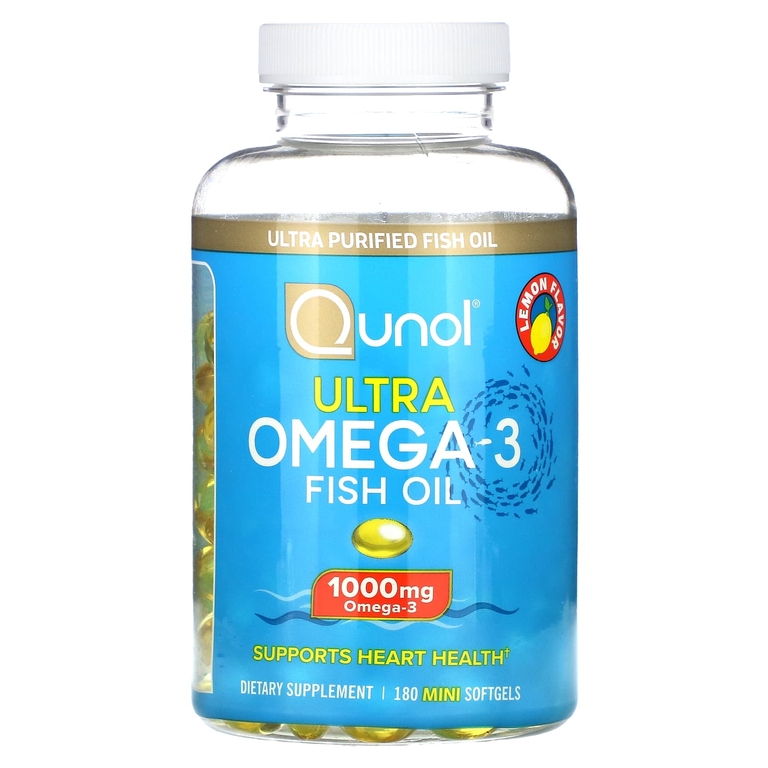 Qunol, ультраомега-3, рыбий жир, со вкусом лимона, 1000 мг, 180 мини-капсул (500 мг в 1 капсуле)
