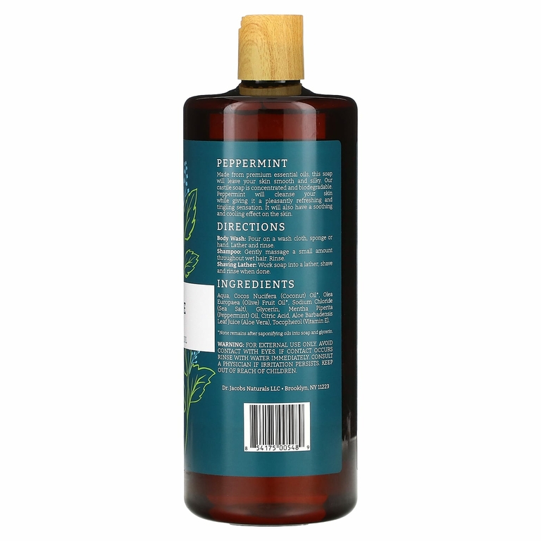 Dr. Jacobs Naturals, Кастильское гель-гель для душа на растительной основе, эфирное масло перечной мяты, 946 мл (32 унции)