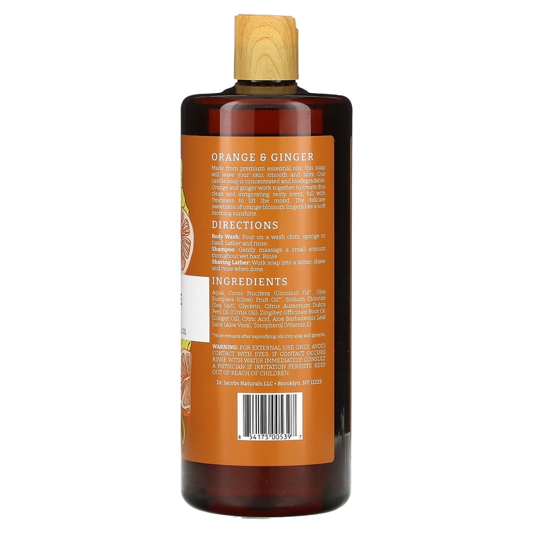 Dr. Jacobs Naturals, Кастильское гель-гель для душа на растительной основе с эфирным маслом апельсина и имбиря, 946 мл (32 унции)