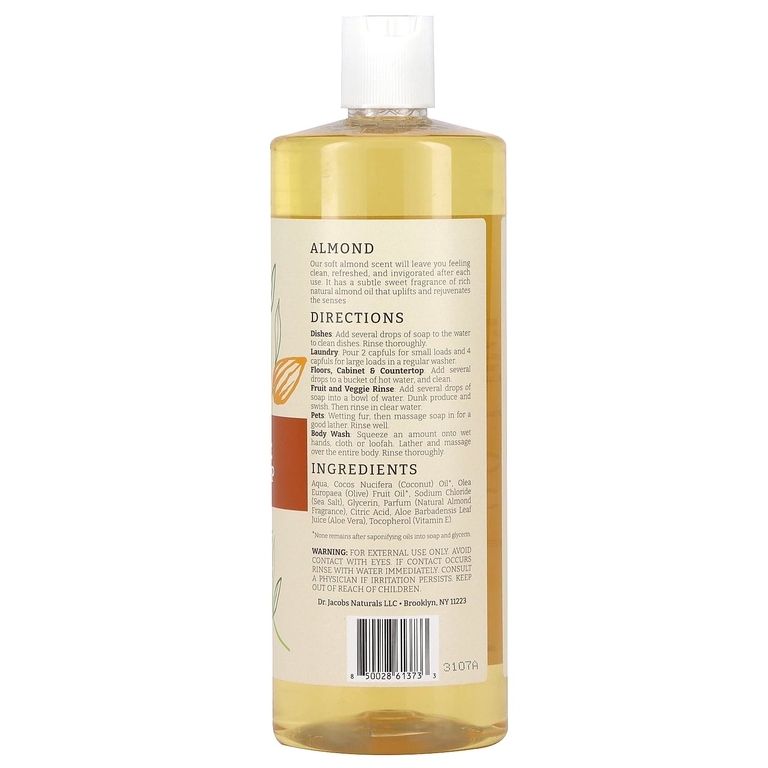 Dr. Jacobs Naturals, Чистое кастильское универсальное мыло на растительной основе, миндальное масло, 946 мл (32 унции)