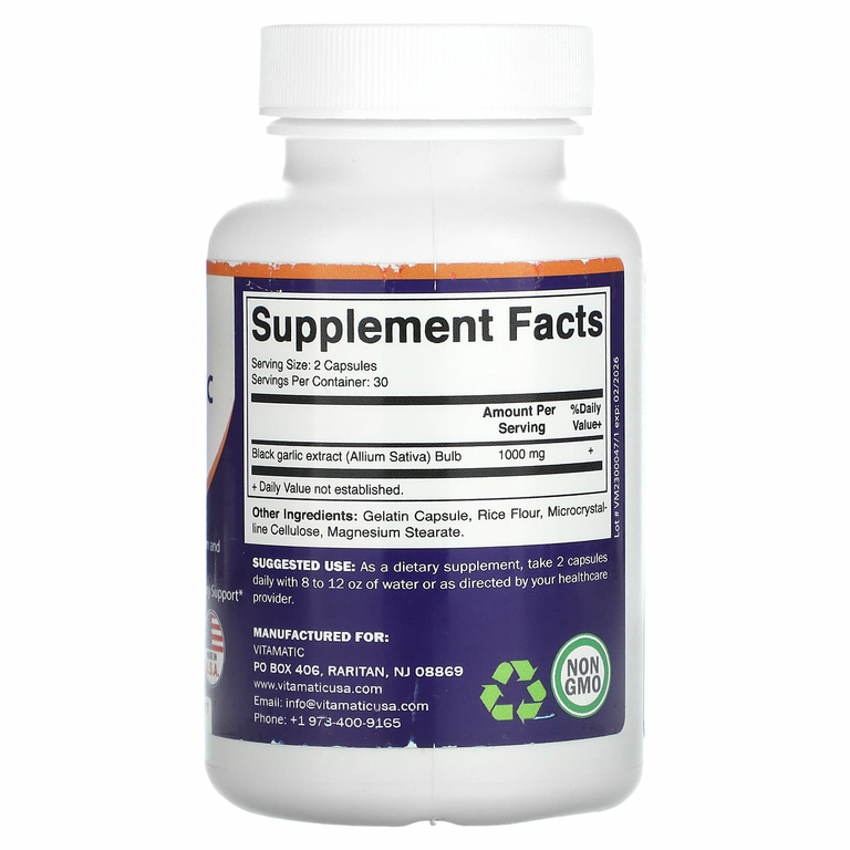 Vitamatic, Ферментированный черный чеснок, 60 капсул (500 мг на капсулу)