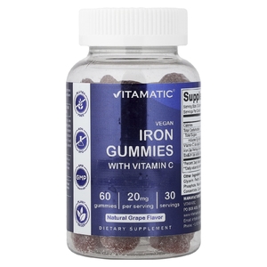 Vitamatic, веганские жевательные таблетки с железом с витамином C, со вкусом натурального винограда, 60 жевательных таблеток