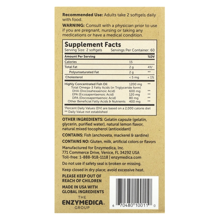 Enzymedica, омега-3, классическая сила действия, со вкусом лимона, 1200 мг, 120 капсул (600 мг в 1 капсуле) (Товар снят с продажи) 
