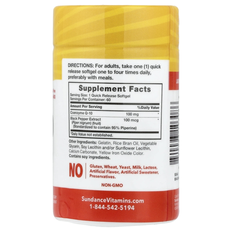 Sundance Vitamins, легкоусвояемый коэнзим Q10 с экстрактом чёрного перца, 60 капсул с быстрым высвобождением