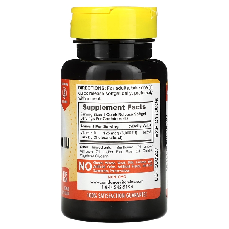 Sundance Vitamins, D3, высокая эффективность, 125 мкг (5000 МЕ), 60 капсул быстрого высвобождения