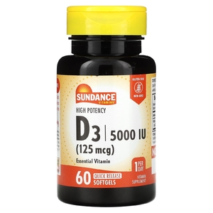 Sundance Vitamins, D3, высокая эффективность, 125 мкг (5000 МЕ), 60 капсул быстрого высвобождения