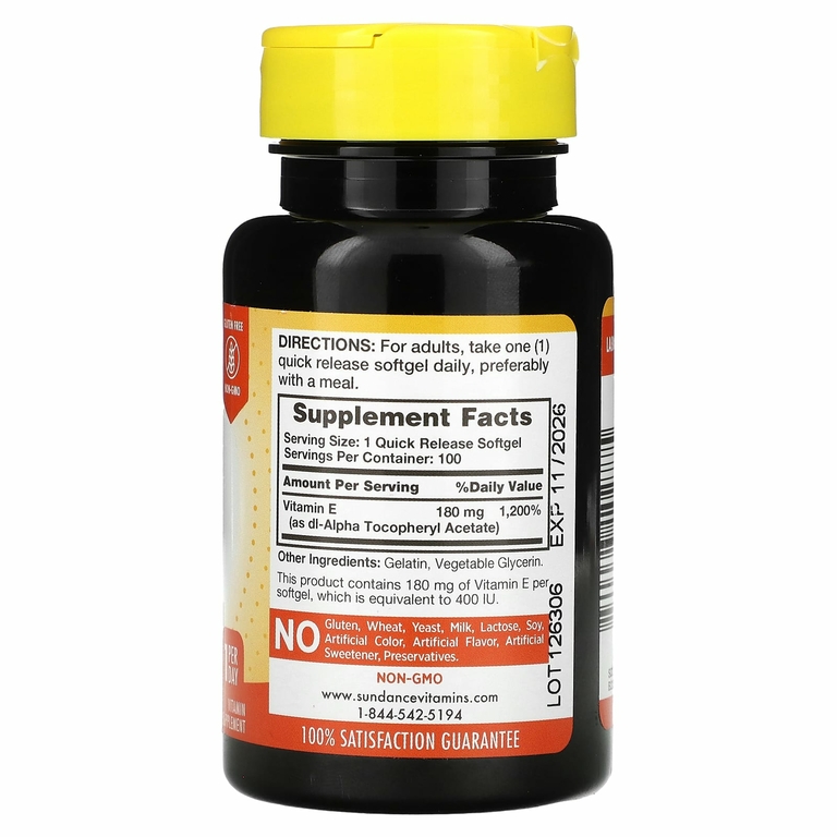 Sundance Vitamins, Витамин E, высокая эффективность, 180 мг (400 МЕ), 100 капсул быстрого высвобождения