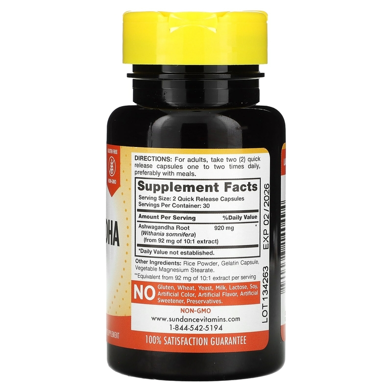 Sundance Vitamins, суперконцентрированная ашваганда, 920 мг, 60 капсул с быстрым высвобождением (460 мг в 1 капсуле)