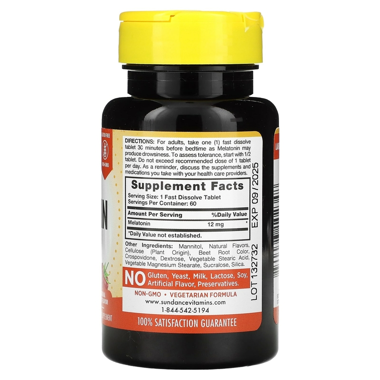 Sundance Vitamins, Fast Dissolve Max, мелатонин, натуральные ягоды, 12 мг, 60 быстрорастворимых таблеток