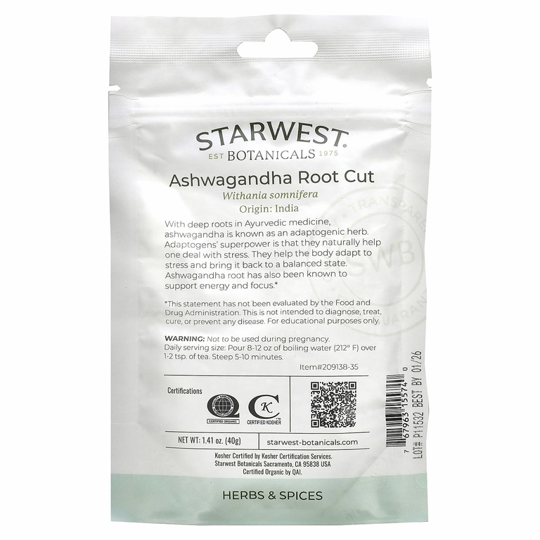 Starwest Botanicals, Органический нарезанный корень ашваганды, 40 г (1,41 унции)