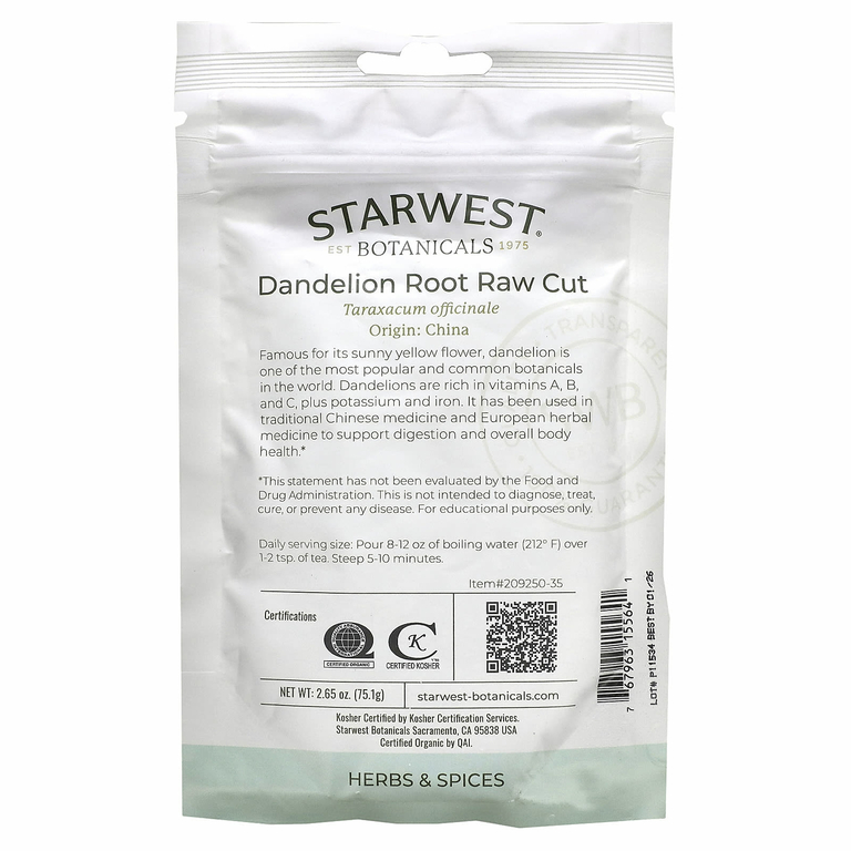 Starwest Botanicals, Органический корень одуванчика, необработанные, 75,1 г (2,65 унции)