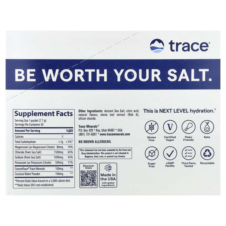 Trace, ZEROLyte, электролиты и кокосовая вода, со вкусом соленого цитруса, 30 пакетиков по 7,7 г (0,27 унции)