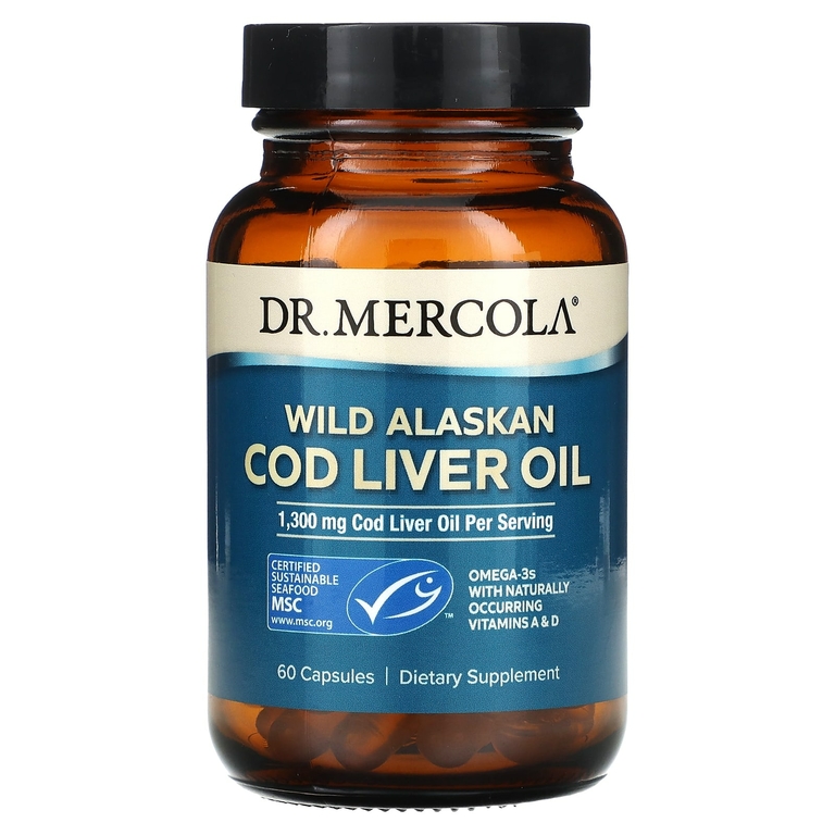 Dr. Mercola, жир печени дикой аляскинской трески, 1300 мг, 60 капсул (650 мг в 1 капсуле)