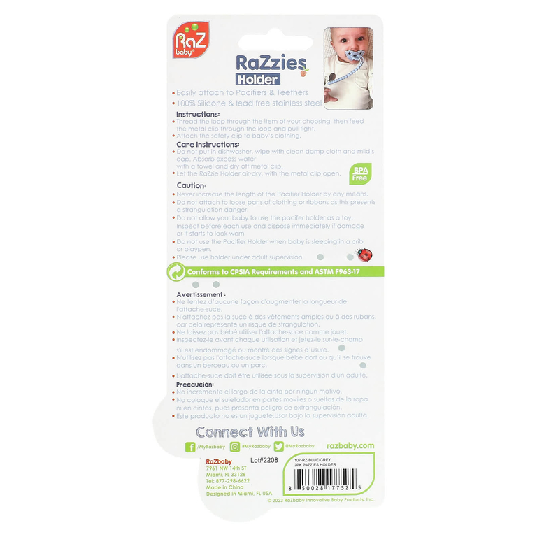 RaZbaby, Держатель для пустышки RaZzies, от 0 месяцев, синий / серый``, 2 держателя