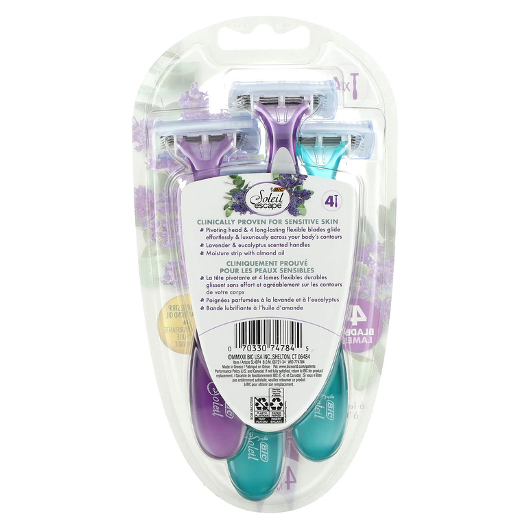 BIC, Soleil Escape, одноразовые бритвенные станки для женщин, лаванда и эвкалипт, 4 шт.