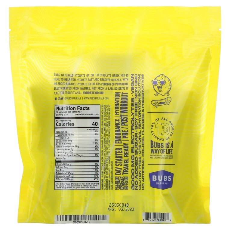 BUBS Naturals, Hydrate or Die, смесь для приготовления электролитов, лимон, 18 палочек по 14 г (0,4 унции) (Товар снят с продажи) 
