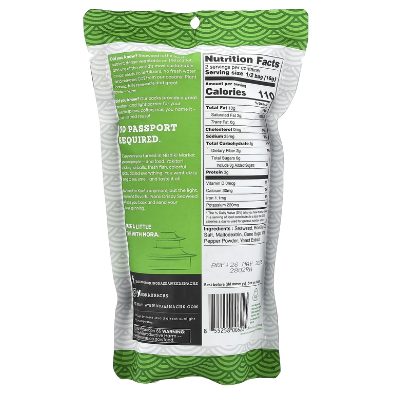 Nora Snacks, Снеки из морских водорослей, оригинальный хрустящий, 32 г (1,13 унции)