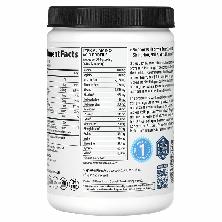 Trace Minerals ®, Пептиды коллагена от травяного откорма, без добавок, 286 г (10,1 унции)