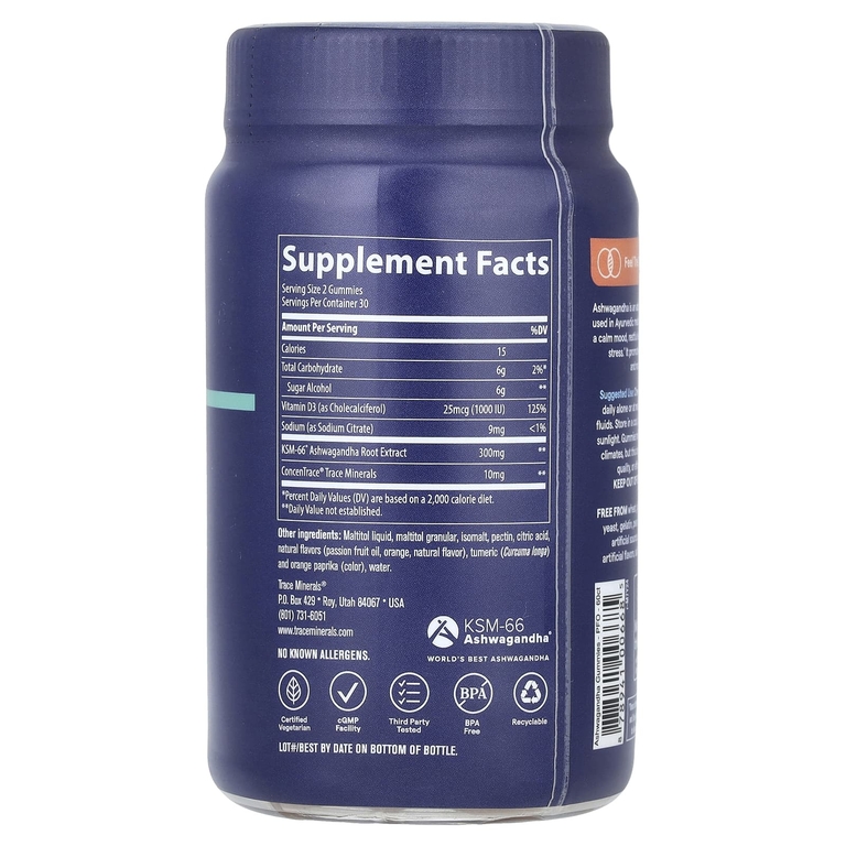 Trace Minerals ®, Ashwagandha Adaptogen Gummies, маракуйя и апельсин, 60 жевательных таблеток
