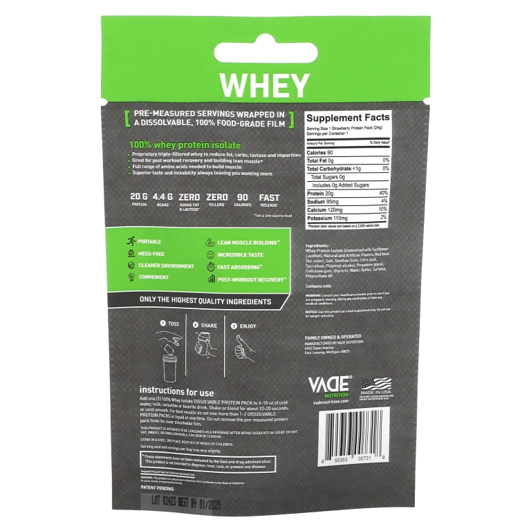 Vade Nutrition, Пакетики с растворимым протеином, 100% изолят сыворотки, клубничный молочный коктейль, 24 г (0,05 фунта) (Товар снят с продажи) 