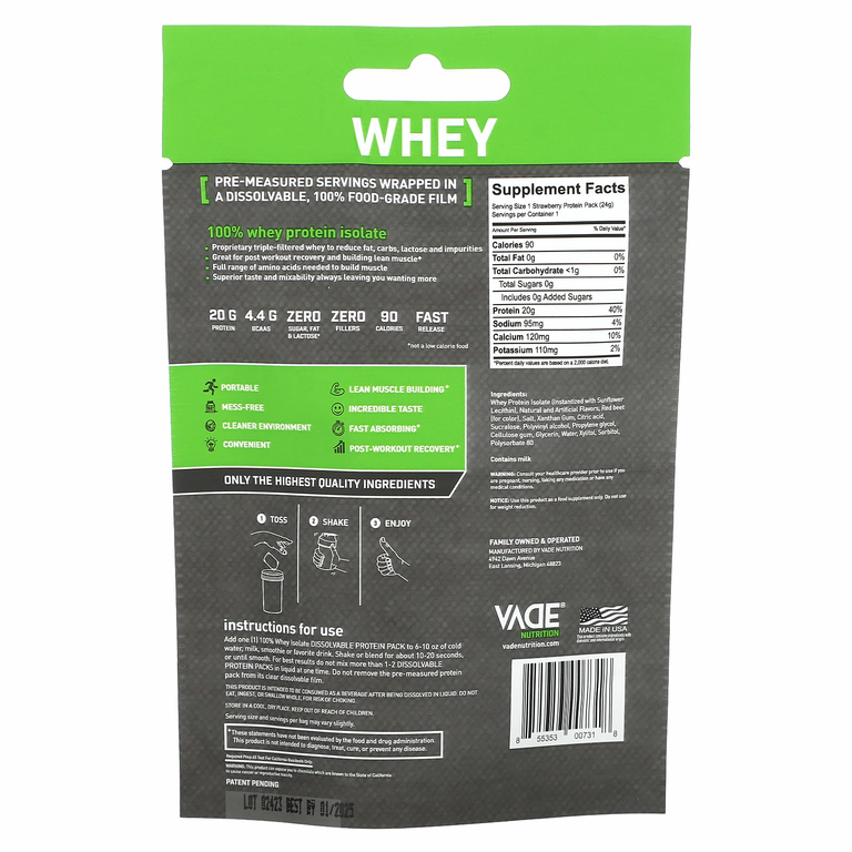 Vade Nutrition, Пакетики с растворимым протеином, 100% изолят сыворотки, клубничный молочный коктейль, 24 г (0,05 фунта)