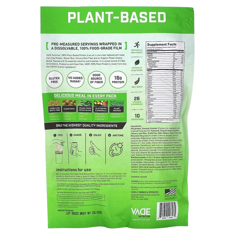Vade Nutrition, Пакетики с растворимым белком, 100% заменитель растительной пищи, клубничный смузи, 607,6 г (1,34 фунта)
