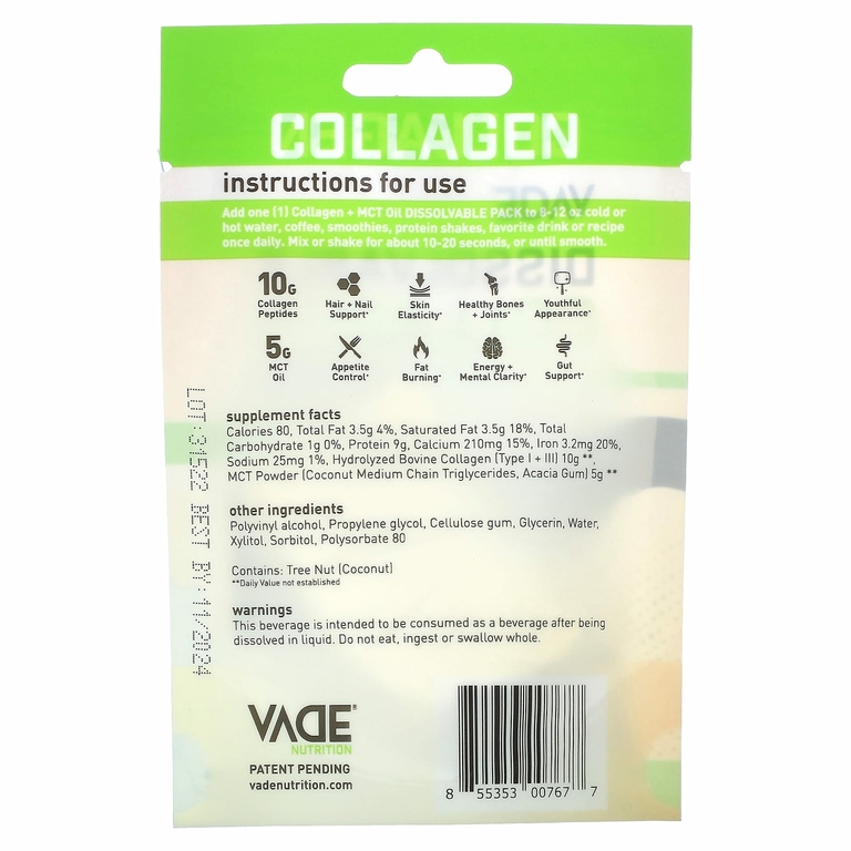 Vade Nutrition, Пакетики с растворимым коллагеном, + масло MCT, без добавок, 15,5 г (0,55 унции) (Товар снят с продажи) 