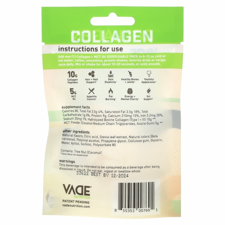 Vade Nutrition, Пакетики с растворимым коллагеном, + масло MCT, пина колада, 16,7 г (0,59 унции) (Товар снят с продажи) 