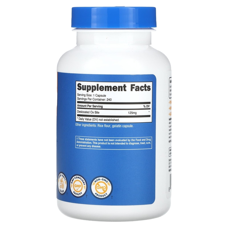 Nutricost, Бычья желчь, 125 мг, 240 капсул
