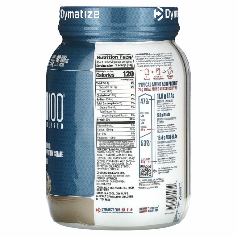 Dymatize, ISO100, гидролизованный, 100% изолят сывороточного протеина, печенье и сливки, 620 г (1,36 фунта)