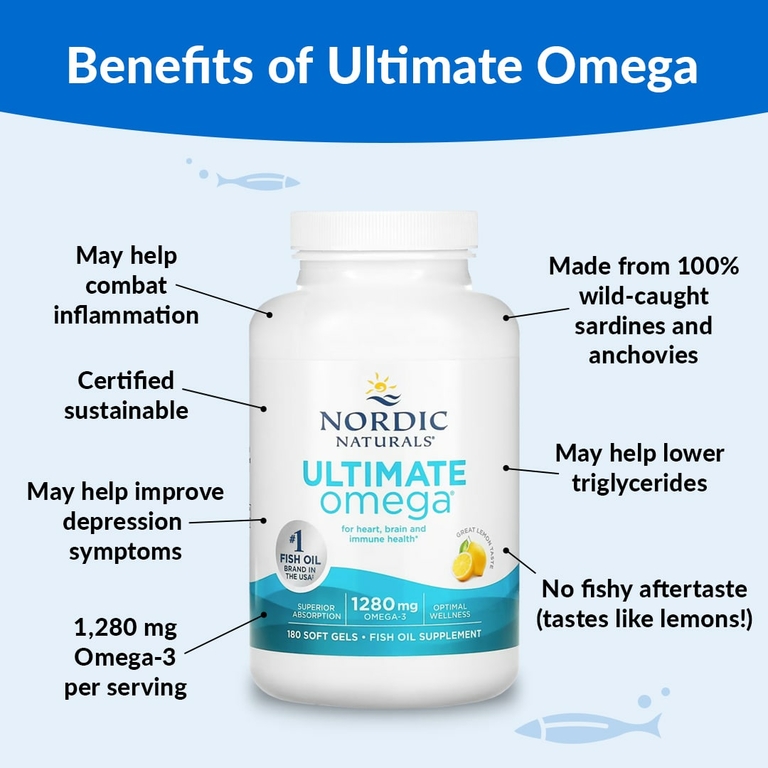Nordic Naturals, Ultimate Omega, высокоэффективные омега-3 кислоты, со вкусом лимона, 1280 мг, 180 капсул (640 мг в 1 капсуле)
