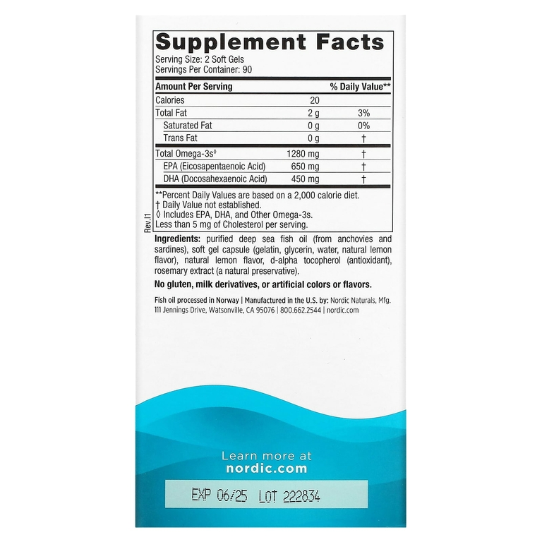 Nordic Naturals, Ultimate Omega, высокоэффективные омега-3 кислоты, со вкусом лимона, 1280 мг, 180 капсул (640 мг в 1 капсуле)