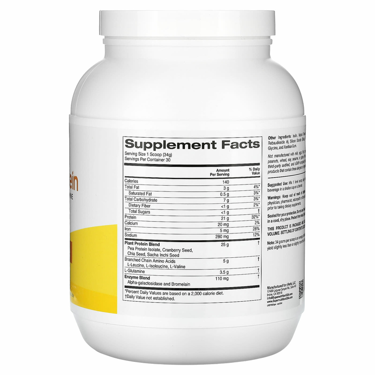 Super Nutrition, растительный протеин с изолятом горохового протеина, BCAA, семенами клюквы, чиа и инка инчи, ваниль, 1020 г (2,2 фунта)