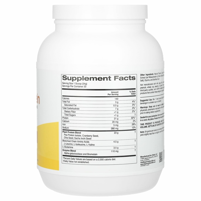 Super Nutrition, растительный протеин с изолятом горохового протеина, BCAA, семенами клюквы, чиа и инка инчи, шоколад, 1020 г (2,2 фунта)