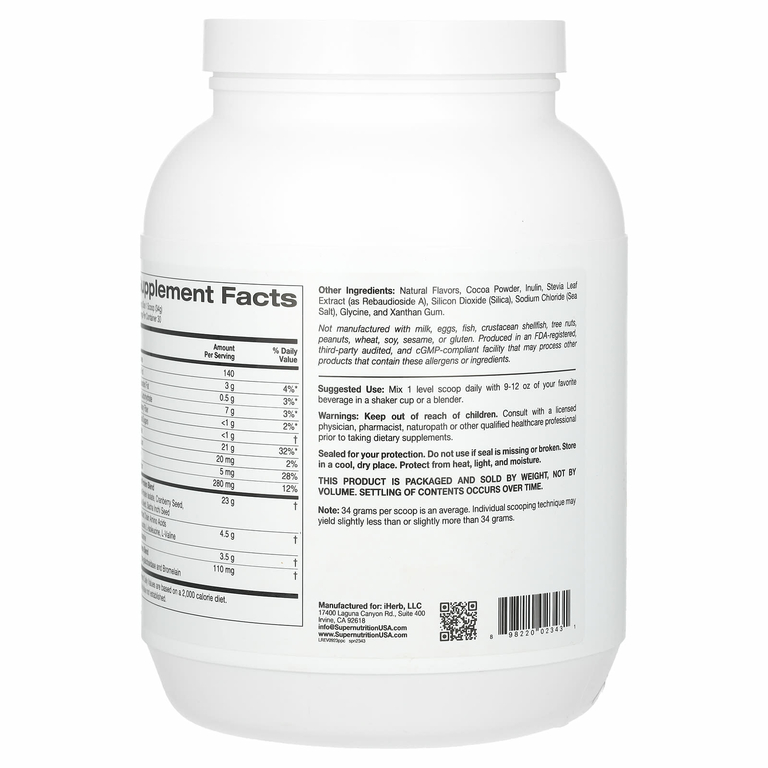 Super Nutrition, растительный протеин с изолятом горохового протеина, BCAA, семенами клюквы, чиа и инка инчи, шоколад, 1020 г (2,2 фунта)