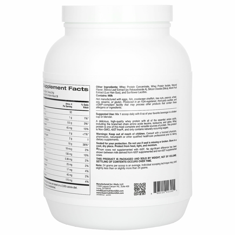 Super Nutrition, порошок из ультрафильтрованного сывороточного протеина с экстрактом листьев стевии, экстрактом архата и подсолнечным лецитином, без ГМО и р-БСТ, со вкусом ванили, 908 г (2 фунта)