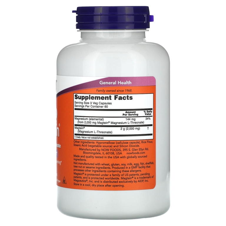 NOW Foods, Magtein®, L-треонат магния, 180 растительных капсул