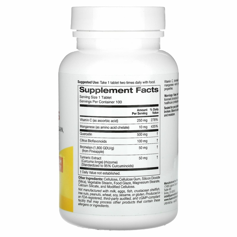 Super Nutrition, Quercetin Plus с кверцетином, витамином C, цитрусовыми биофлавоноидами, бромелаином и куркумой, 100 таблеток
