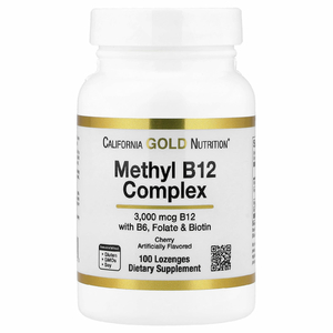 California Gold Nutrition, комплекс с метилом и витамином B12 с фолатом, биотином и витамином B6, со вкусом вишни, 100 пастилок