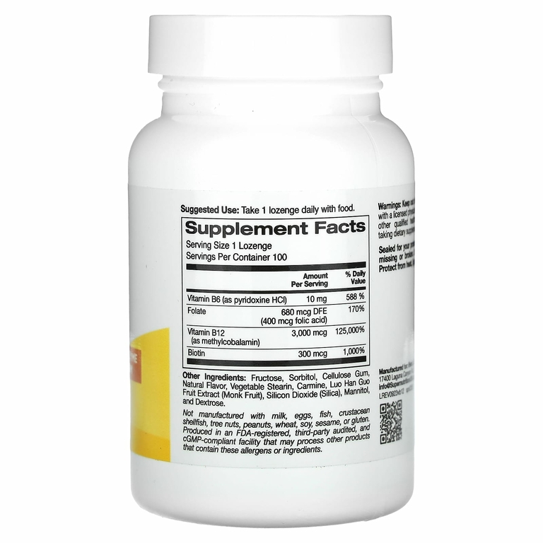 Super Nutrition, витамин B12 в виде метилкобаламина с фолатом, биотином и витамином B6, вишня, 3000 мкг, 100 пастилок