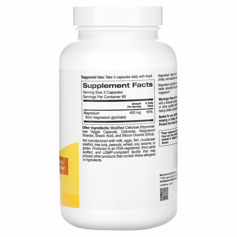 Super Nutrition, глицинат магния, 400 мг, 180 растительных капсул (133 мг в 1 капсуле)
