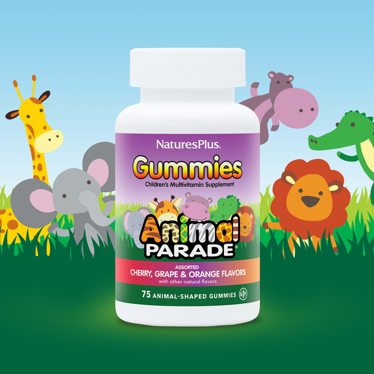 NaturesPlus, Source of Life, детские жевательные конфеты Animal Parade, со вкусом вишни, апельсина и винограда, 75 жевательных конфет в форме животных (Товар снят с продажи) 