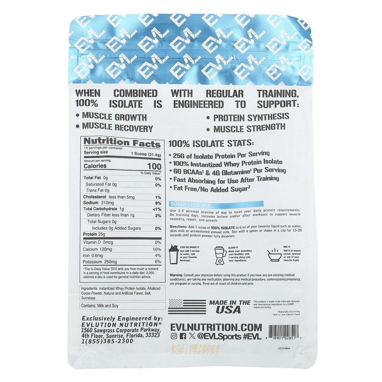 EVLution Nutrition, 100% изолят протеина, шоколад двойной насыщенности, 454 г (1 фунт)