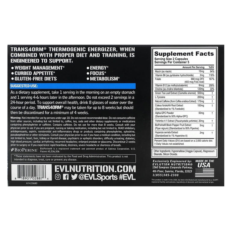 EVLution Nutrition, Trans4orm, активная поддержка для снижения веса, 10 растительных капсул