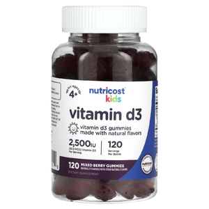 Nutricost, Для детей, витамин D3, для детей от 4 лет, ягодное ассорти, 62,5 мкг (2500 МЕ), 120 жевательных таблеток