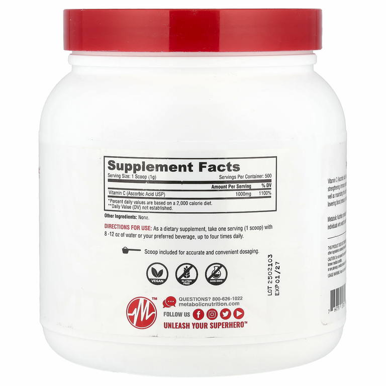 Metabolic Nutrition, Витамин C, без добавок, 500 г (17,64 унции)